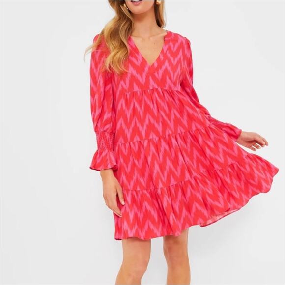 Pomander Place Dress Womens Medium Pink Kenzo Ikat Chevron Tiered Long Sleeve - Picture 1 of 11